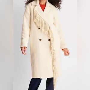 Women’s Cream Fringe-Trim Double-Breasted Pea Coat